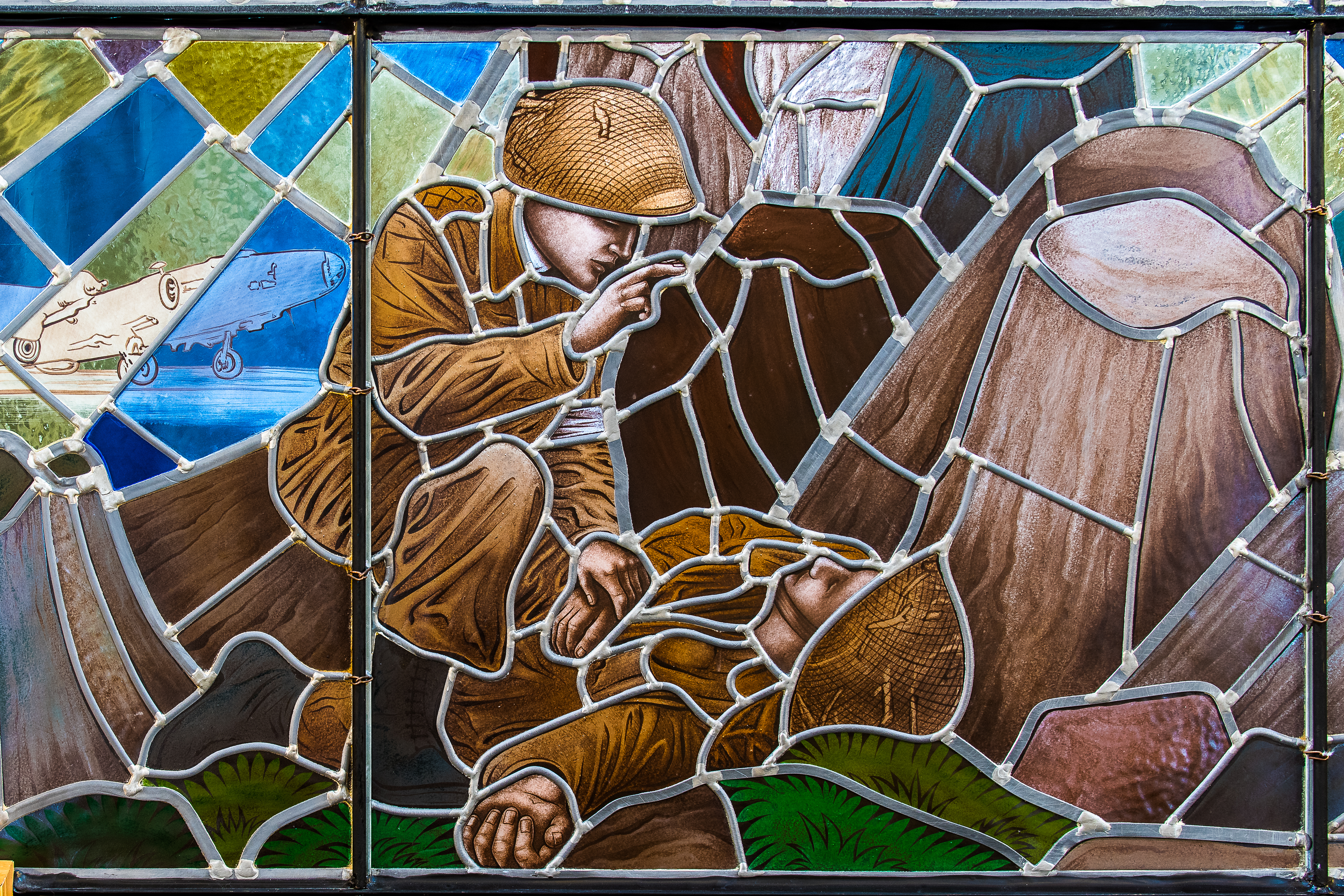 Padre giving last rights - Stain Glass in the Hall of Colours