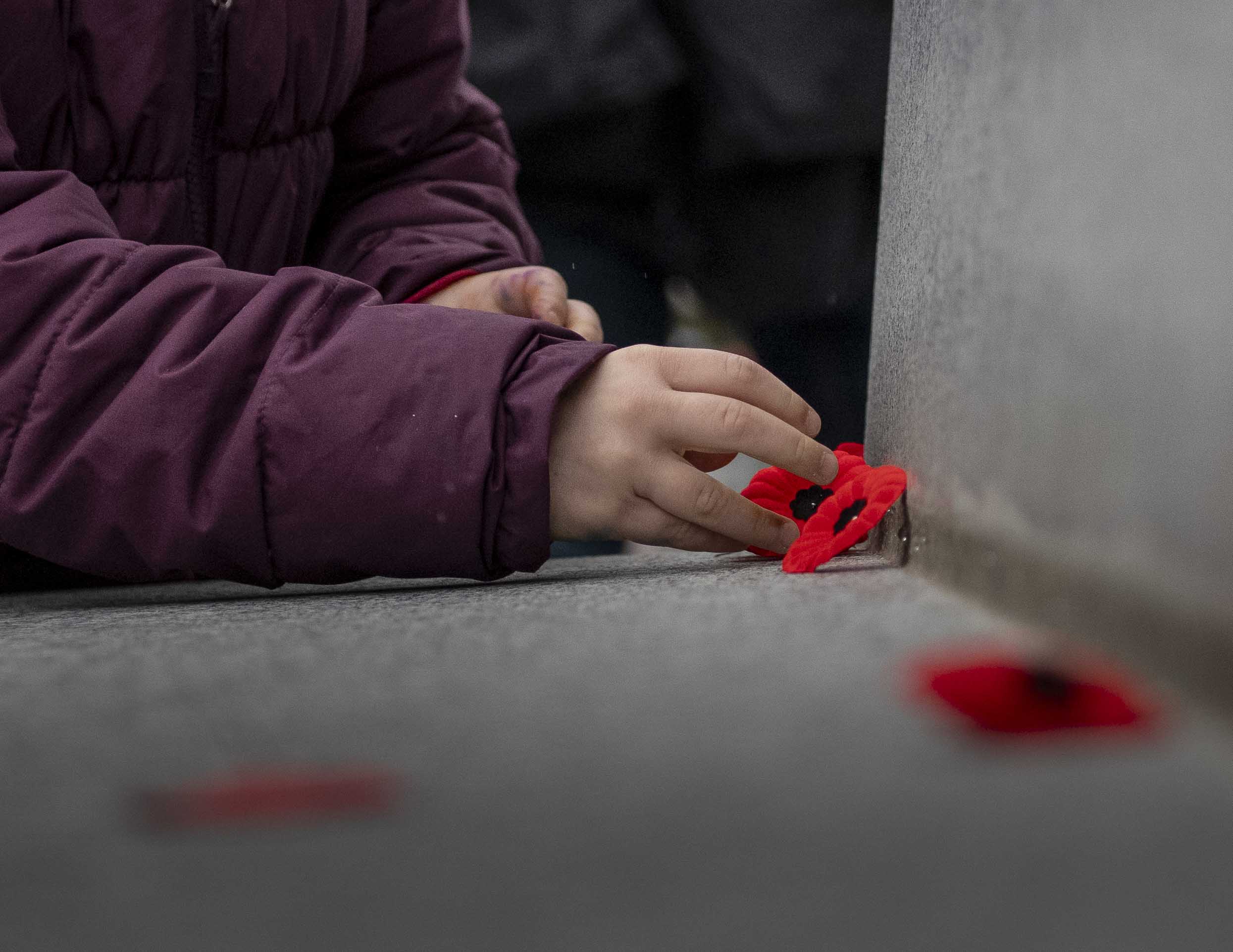 Child placing poppy at headstone