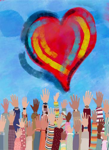 Many raised hands Diverse people. Charitable donation and volunteer work. Support and assistance. People diversity. Multicultural community. 